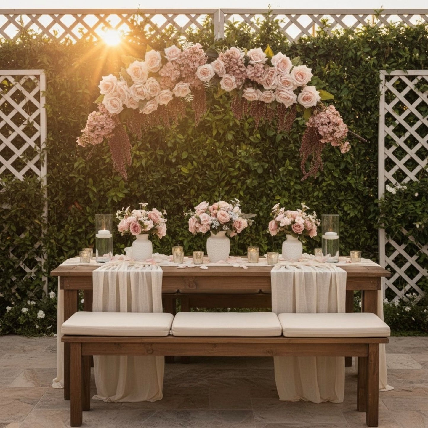 Outdoor setting with a wooden table and bench, decorated with floral arrangements and candles, against a green hedge backdrop.