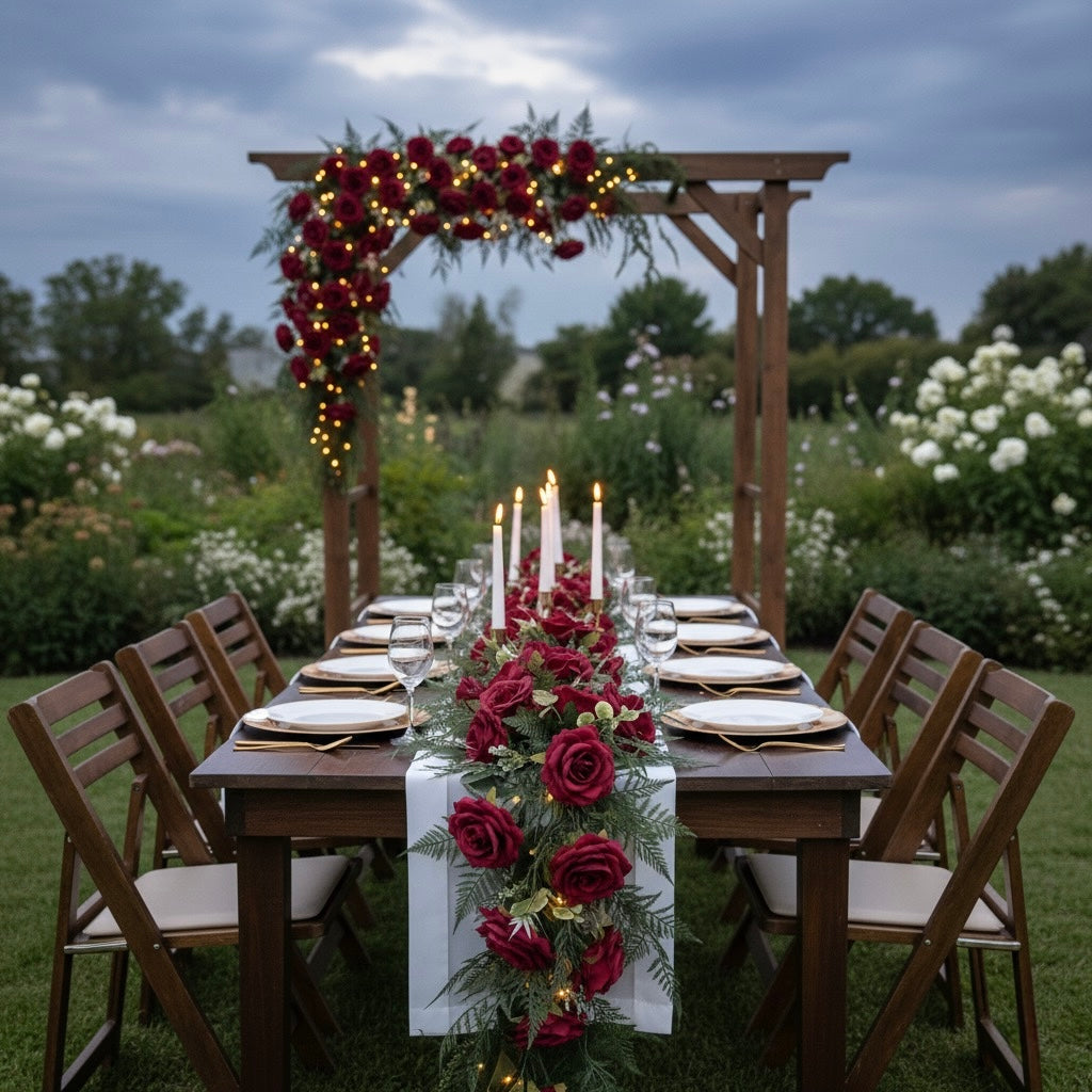 Dining table set for a romantic dinner with floral decorations and candles under a wooden arch in a garden.