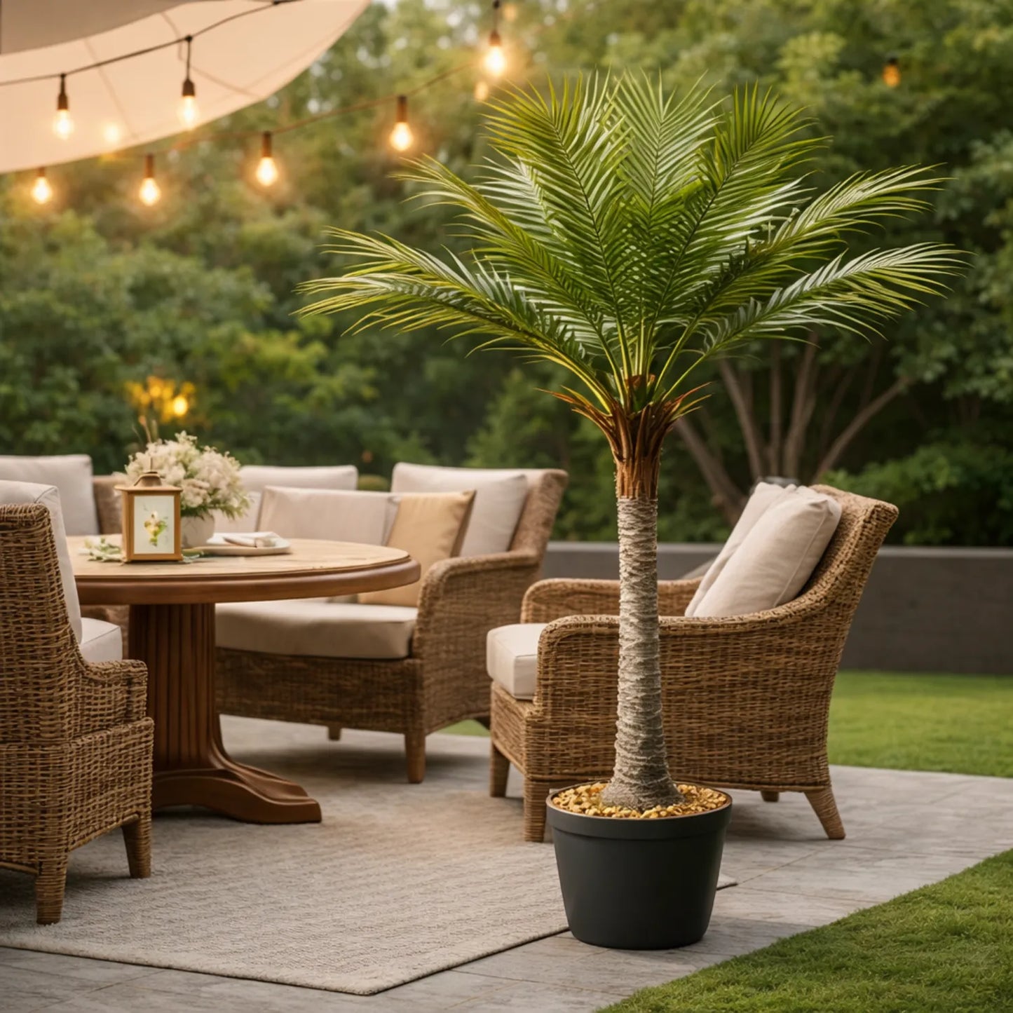 Outdoor patio setting with wicker furniture, table, and potted palm tree.