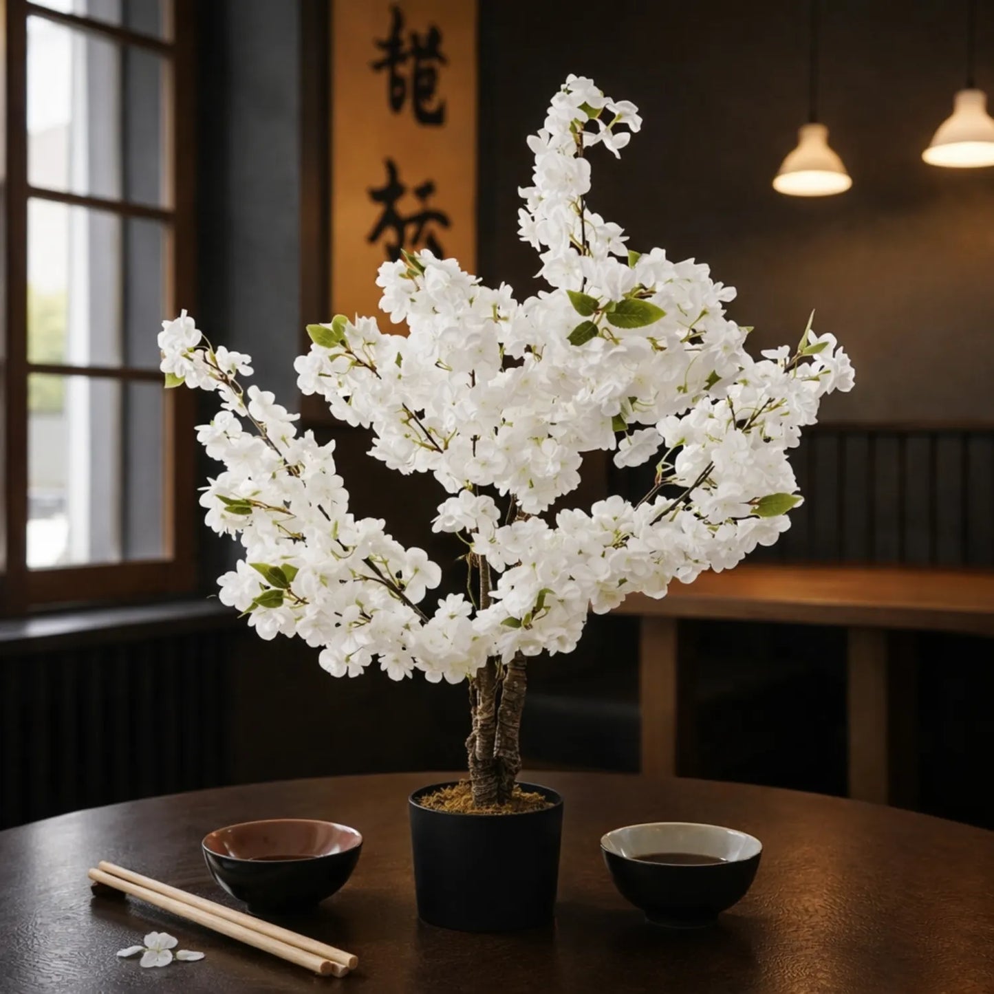 Artificial white blossom tree on a wooden table with bowls and chopsticks in a dimly lit room.
