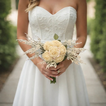 Bride holding a bouquet of flowers with a blurred natural background