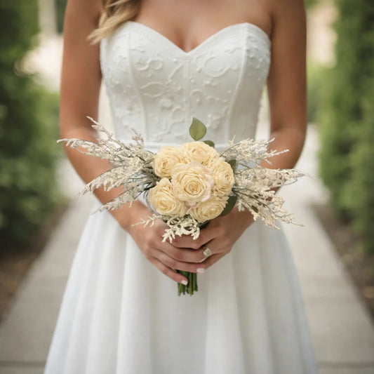 Bride holding a bouquet of flowers with a blurred natural background