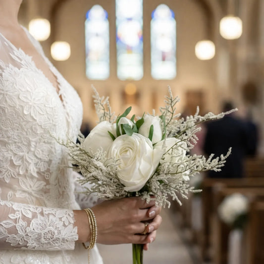 Bouquet of white flowers held by a person in a wedding dress with stained glass windows in the background