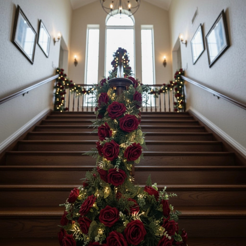 Decorative Christmas tree with red roses and lights on a staircase