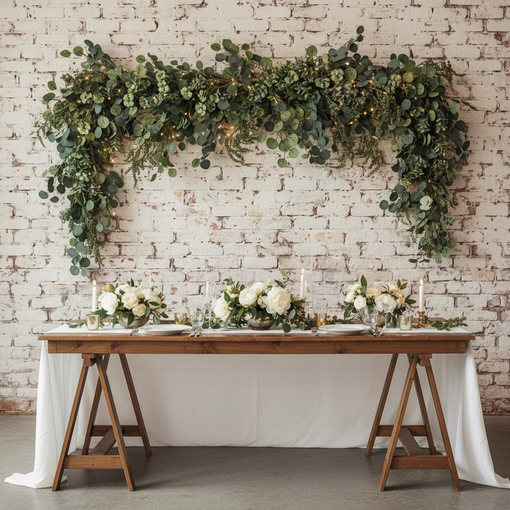 Decorated table with floral arrangements against a brick wall