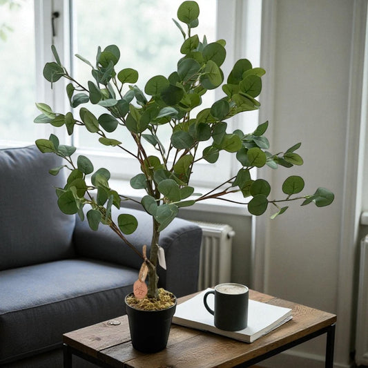 Potted plant on a wooden table with a cup of coffee and notebook in a cozy living room.
