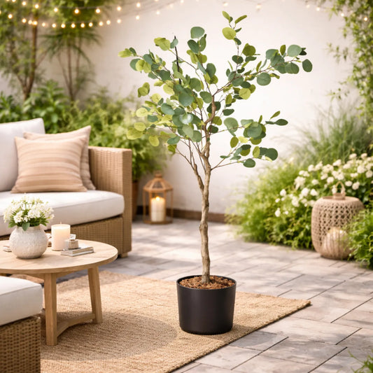 Outdoor patio with a potted tree, candles, and a couch.
