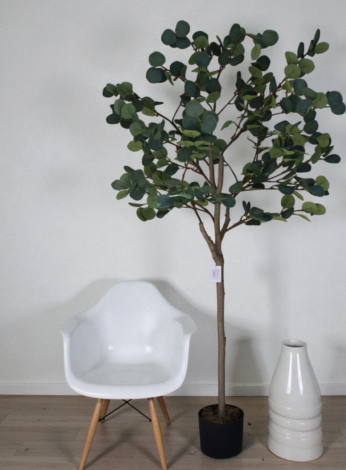 Potted plant next to a white chair and decorative vase against a plain wall.