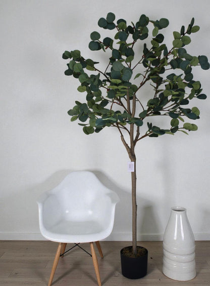 Potted plant next to a white chair and decorative vase against a plain wall.