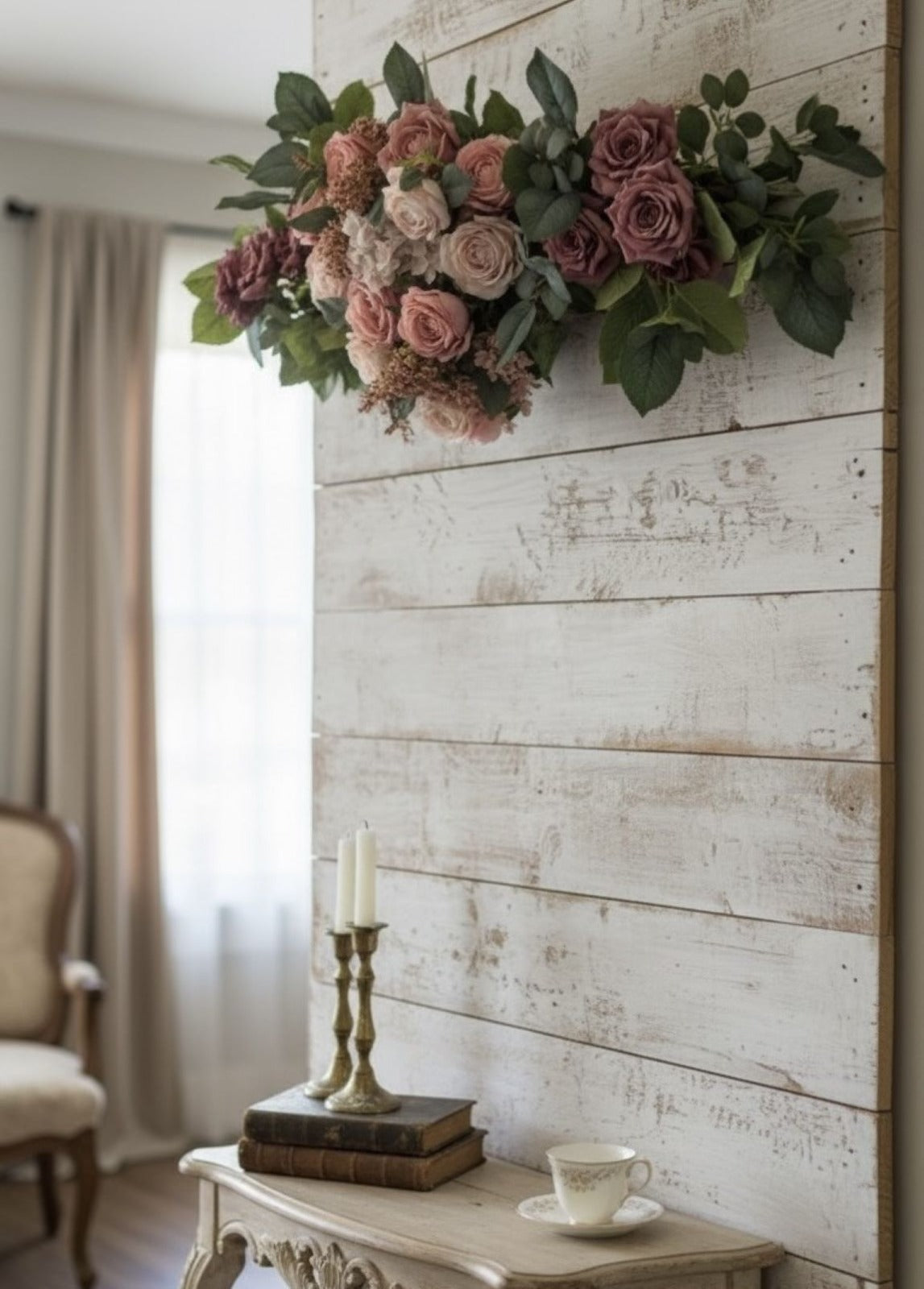 Floral arrangement on a wooden wall with a table and chair in the background