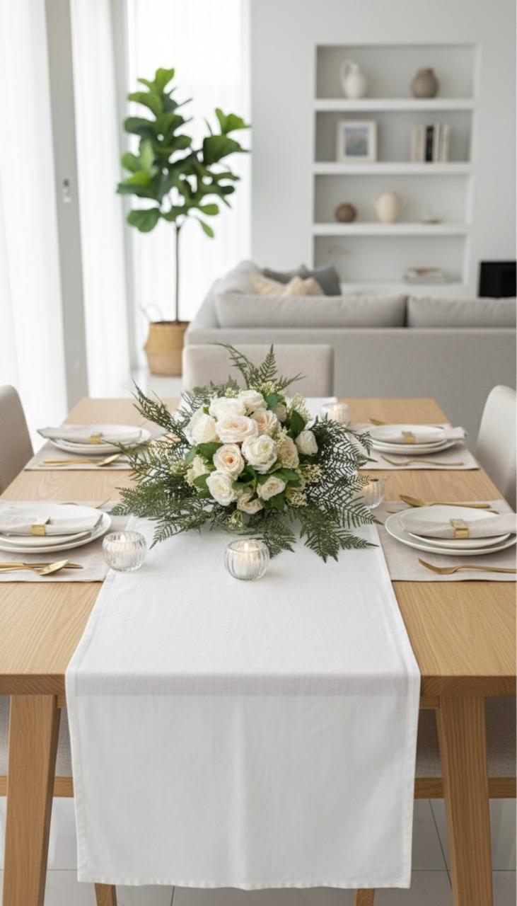 Dining table set with a floral centerpiece, candles, and white tablecloth in a bright room.