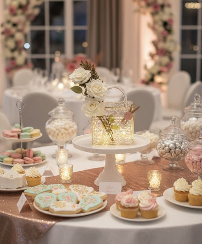 Decorative table setting with pastel-colored cookies, cupcakes, and candies in a festive indoor setting.