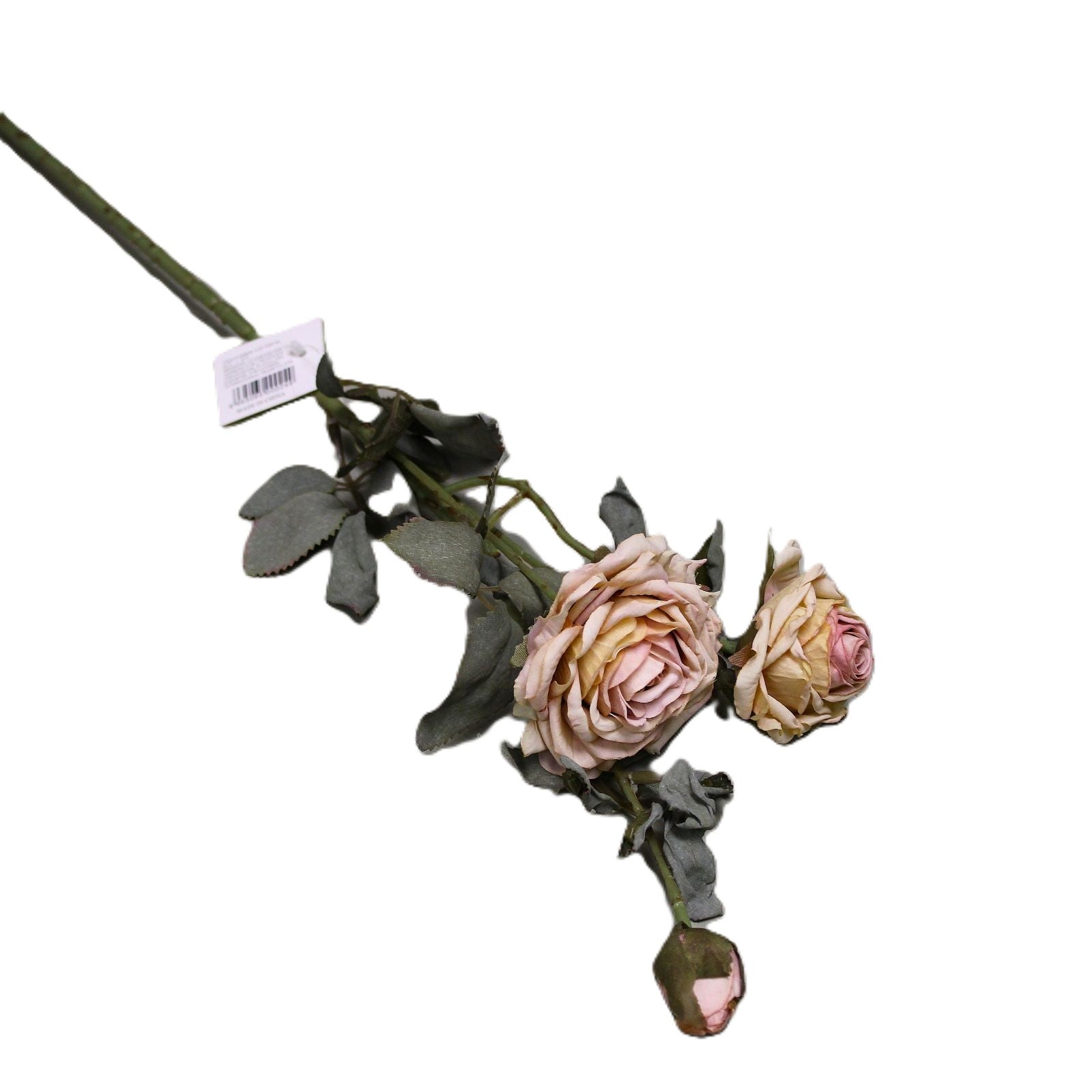 Artificial flower arrangement with pink and beige roses on a white background