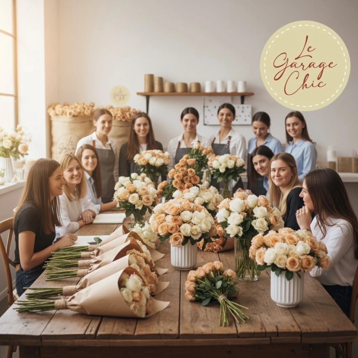 Group of women at a floral workshop with bouquets and 'Le Garage Chic' branding.