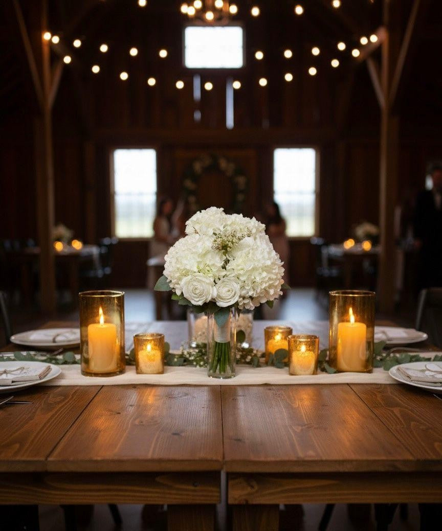 Decorated table with white flowers and candles in a rustic setting