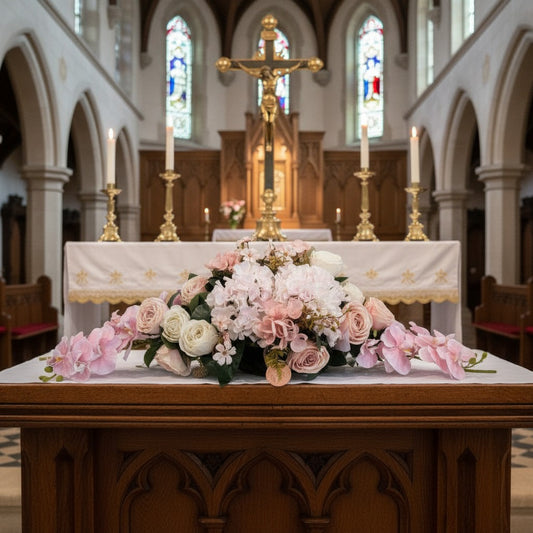 Floral arrangement on a church altar with stained glass windows in the background
