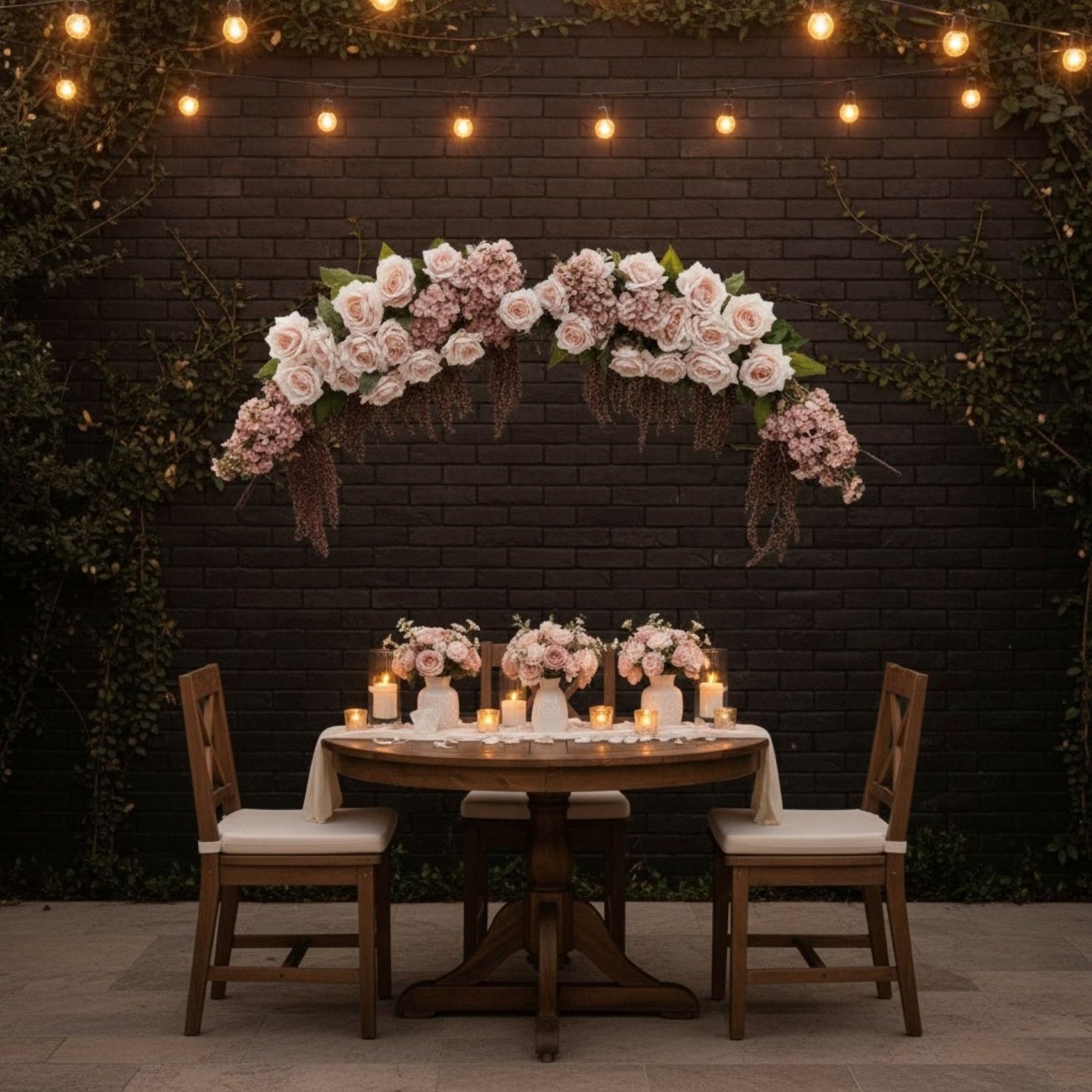 Decorative floral arch and table setting against a dark brick wall with string lights.