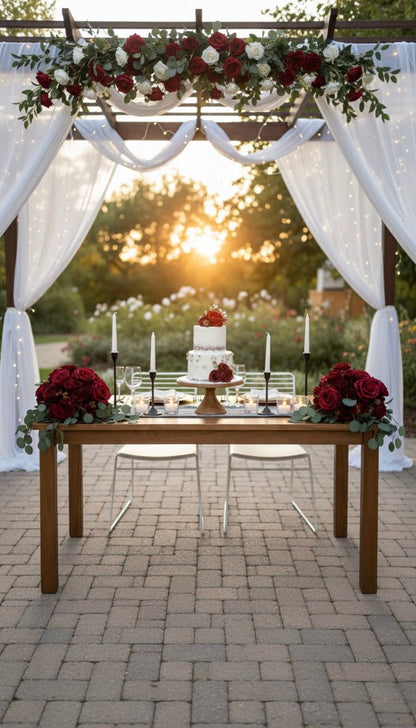 Wedding setup with a cake table, candles, and floral decorations against a sunset backdrop.