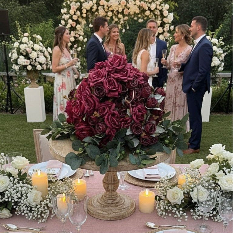 Outdoor wedding reception with guests, floral arrangements, and a large floral centerpiece.