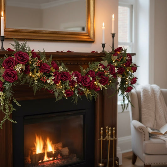 Decorative floral arrangement on a fireplace mantel with candles and a cozy chair in the background.