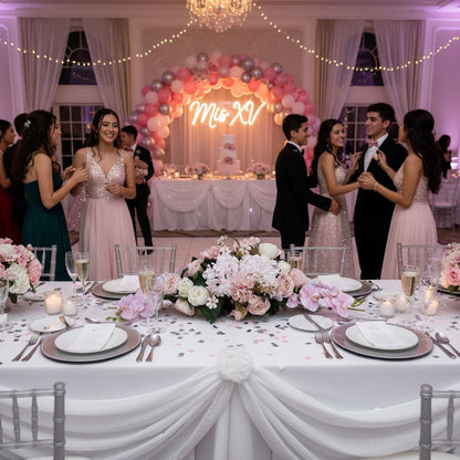 Formal event with table settings, balloons, and guests in a decorated room.