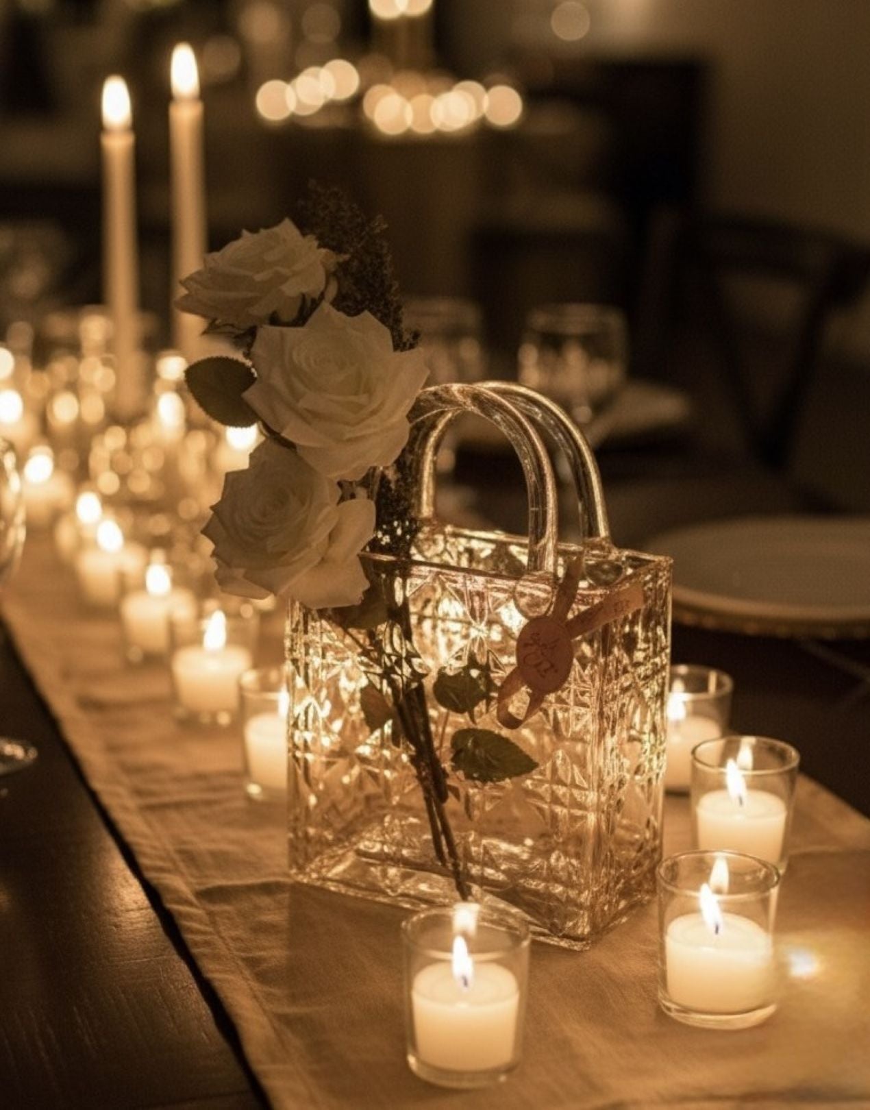 Glass handbag with white roses on a table surrounded by candles in a dimly lit setting