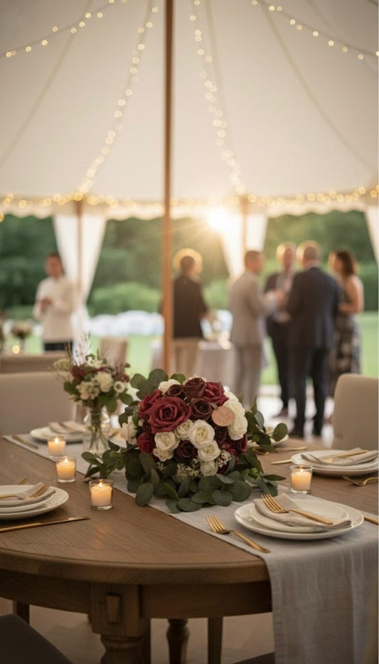 Decorative floral arrangement on a table with people in the background under a tent.