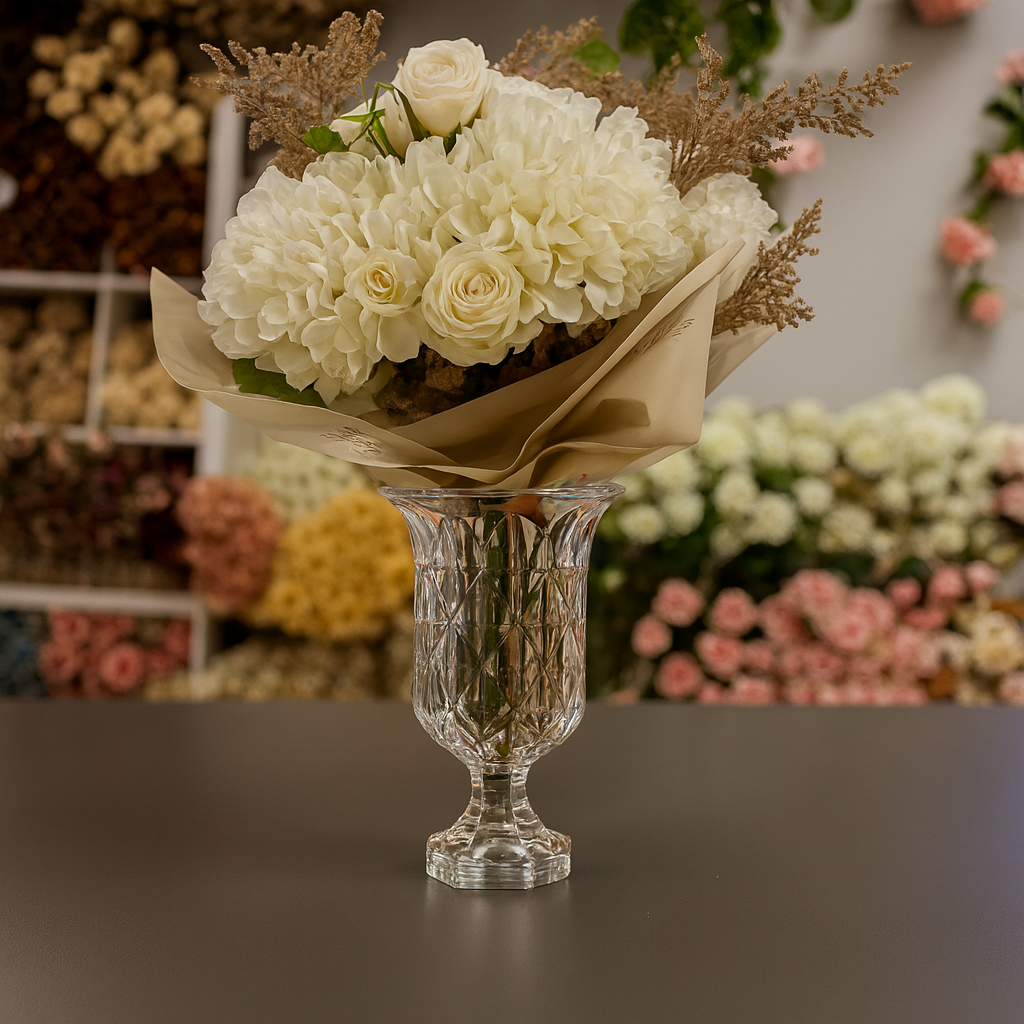 Bouquet of white flowers in a crystal vase with a blurred floral background