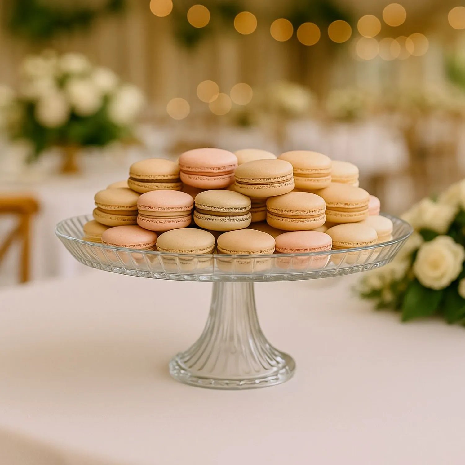 Stack of macarons on a glass cake stand with a blurred background