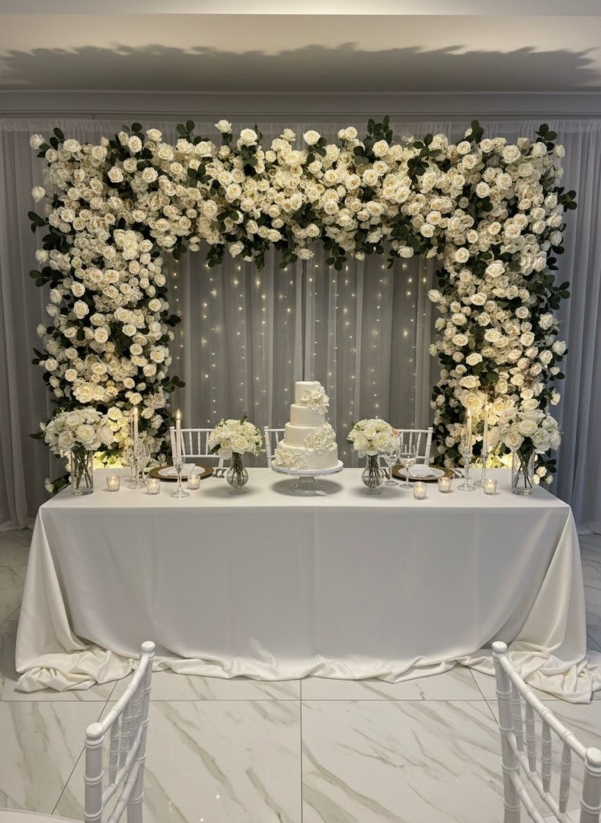 Decorative floral arch with a wedding cake on a table in a room.