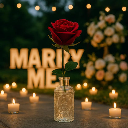 Red rose in a bottle with 'Marry Me' sign and candles in the background