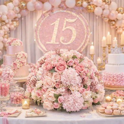 Decorative table with pink floral arrangement, cakes, and balloons for a 15th birthday celebration.