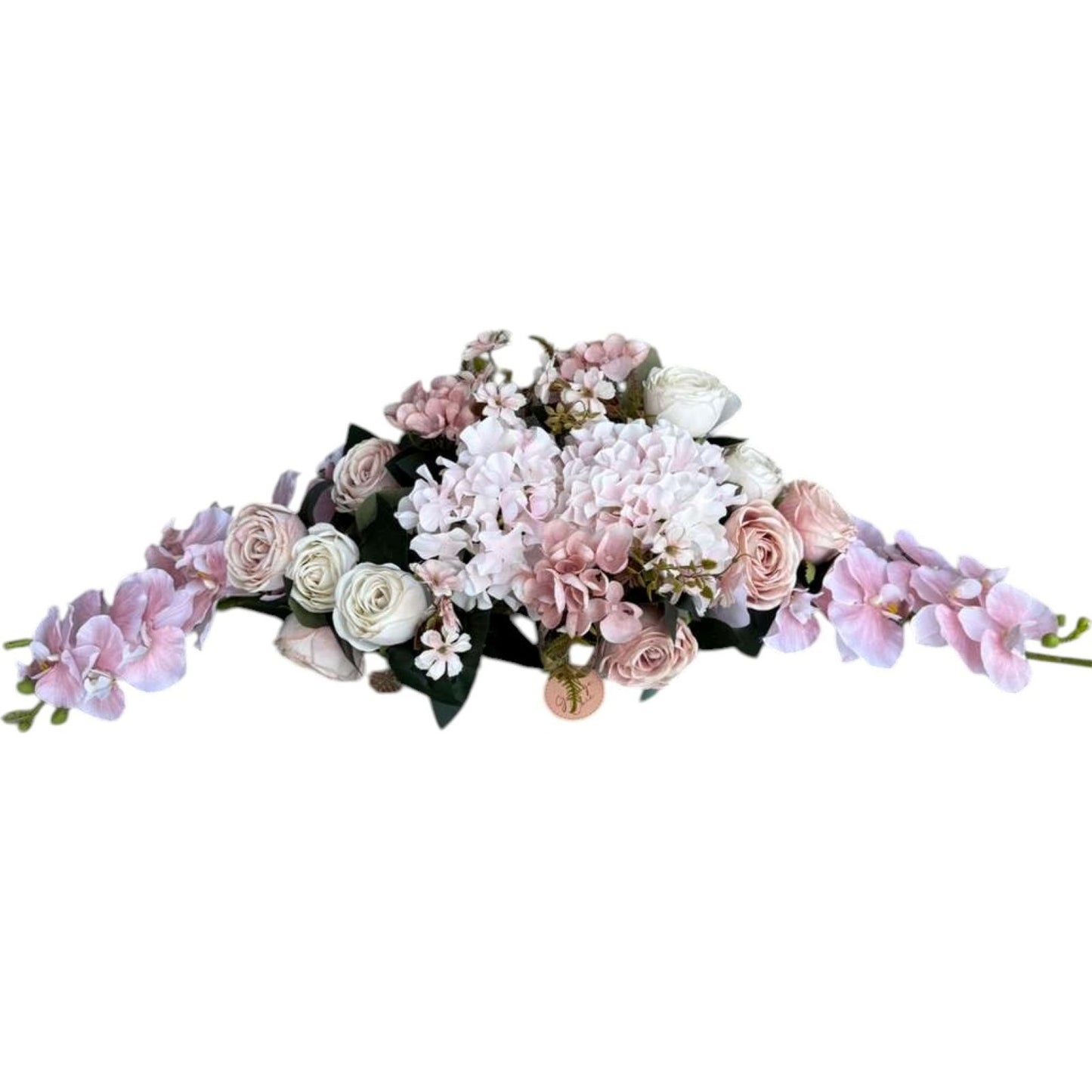 Floral headband with pink, white, and green flowers on a white background