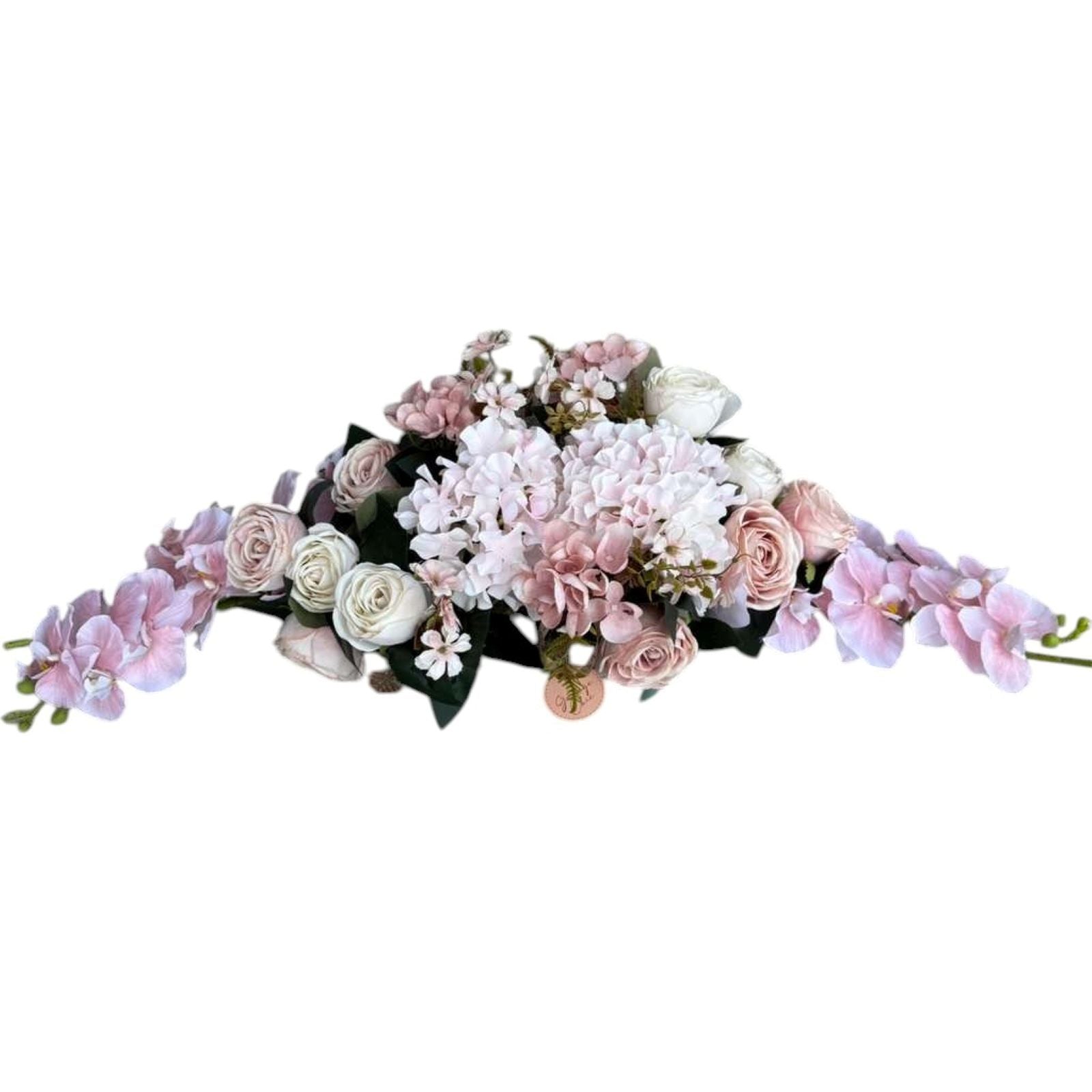Floral headband with pink, white, and green flowers on a white background