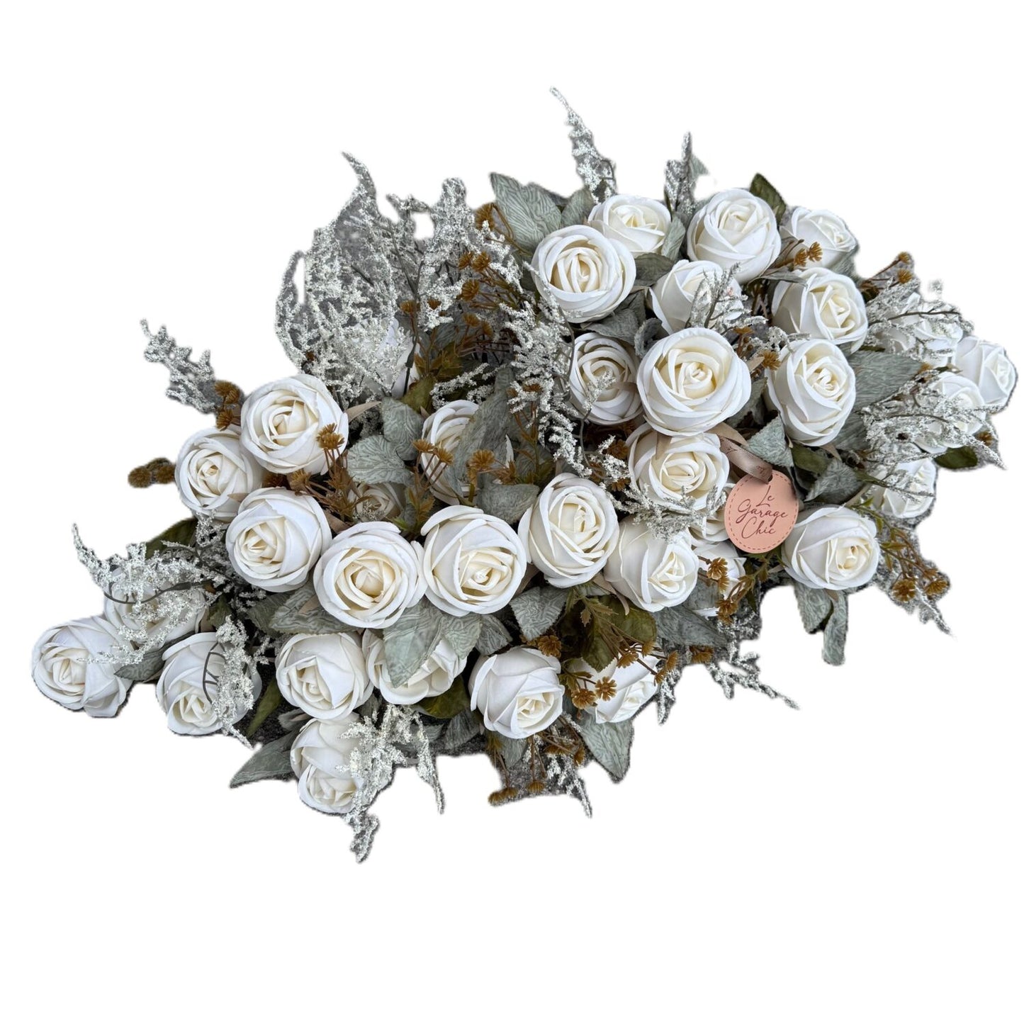 Bouquet of white flowers with greenery on a white background