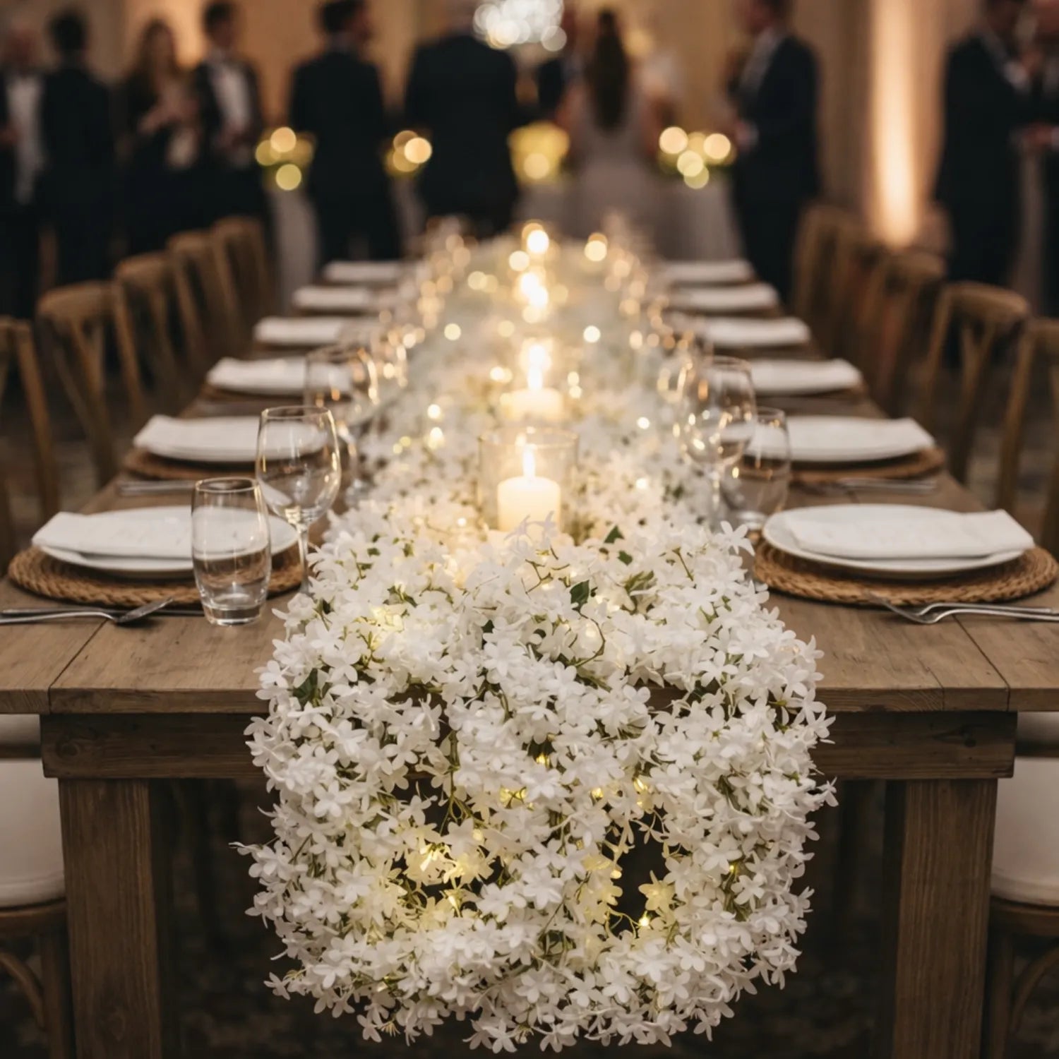 Long wooden table set for a formal event with white flowers and lights in the center.