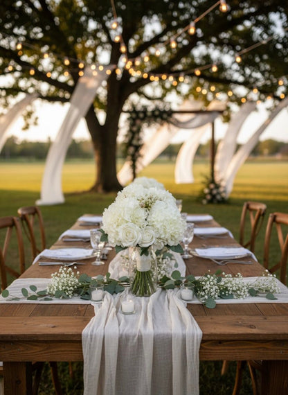 Elegant outdoor wedding table setting with white flowers and candles under string lights.