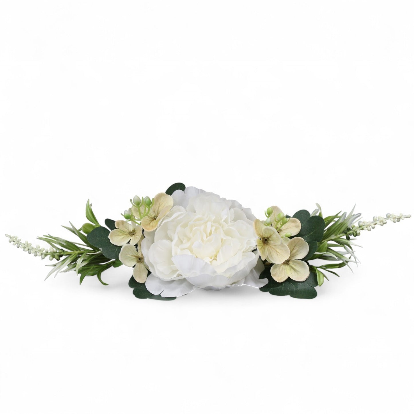 Floral arrangement with white and green flowers on a white background