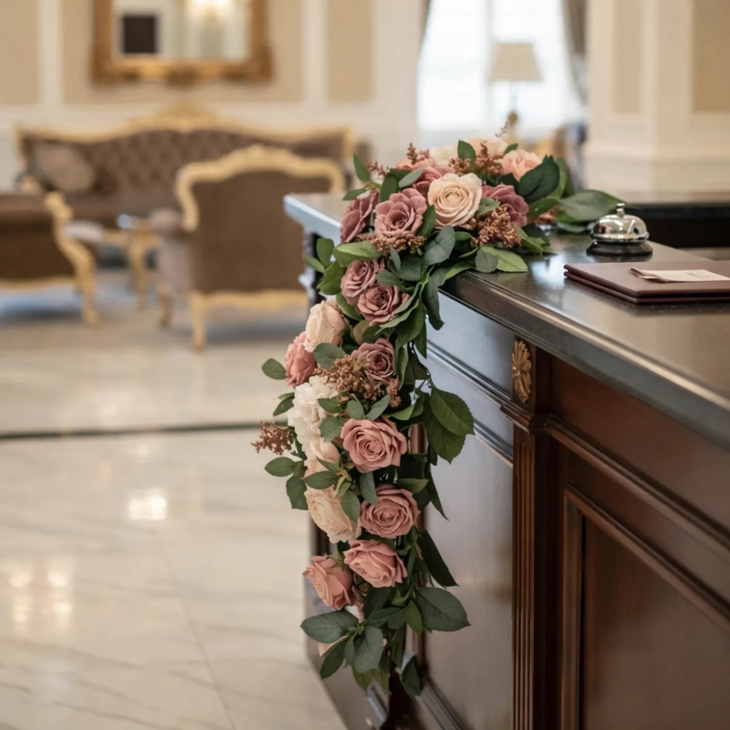 Decorative flower arrangement on a reception desk in a hotel lobby.