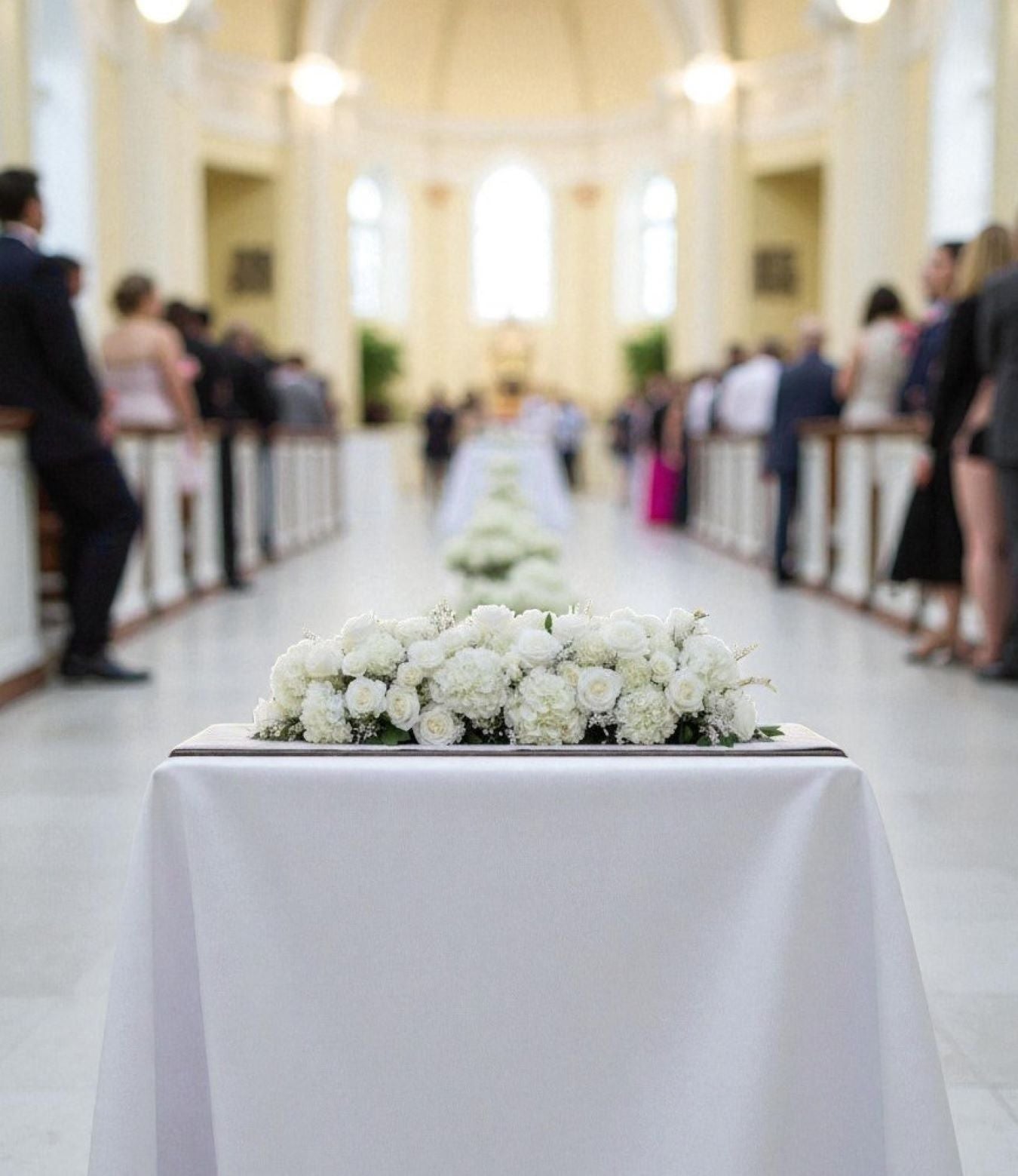 Decorative table with white flowers in a church setting with people in the background