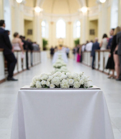 Decorative table with white flowers in a church setting with people in the background