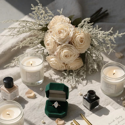 Bouquet of white roses, candles, nail polish, and a ring on a textured surface.