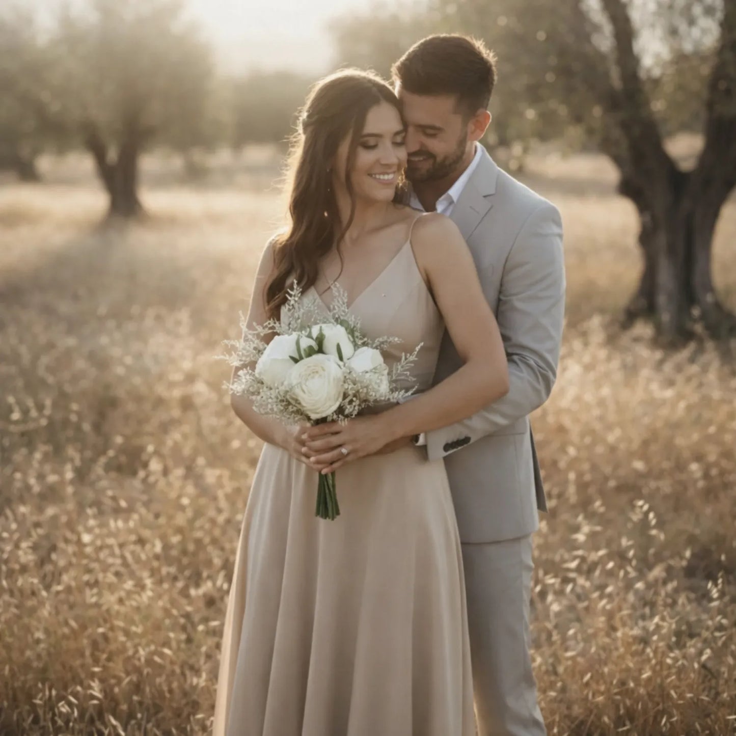 Couple in formal attire standing in a sunlit field with a blurred background