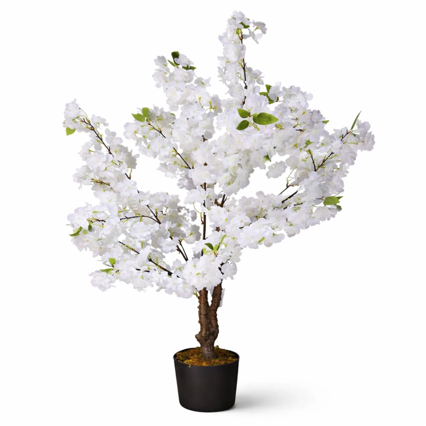 Artificial cherry blossom tree with white flowers in a pot on a white background