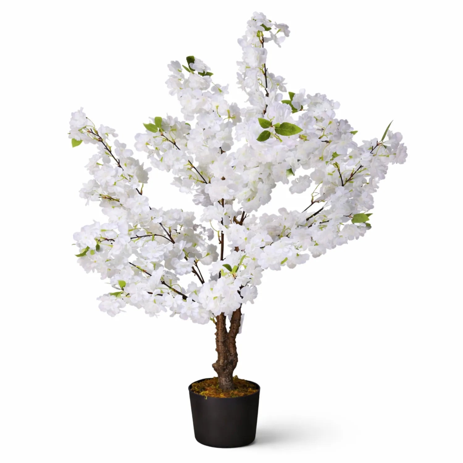 Artificial cherry blossom tree with white flowers in a pot on a white background