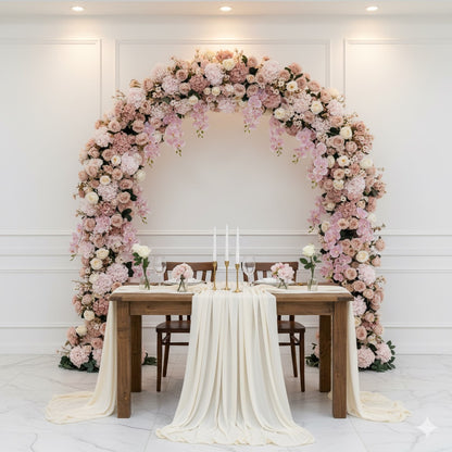 Decorative floral arch with a table set for a romantic dinner against a white wall.