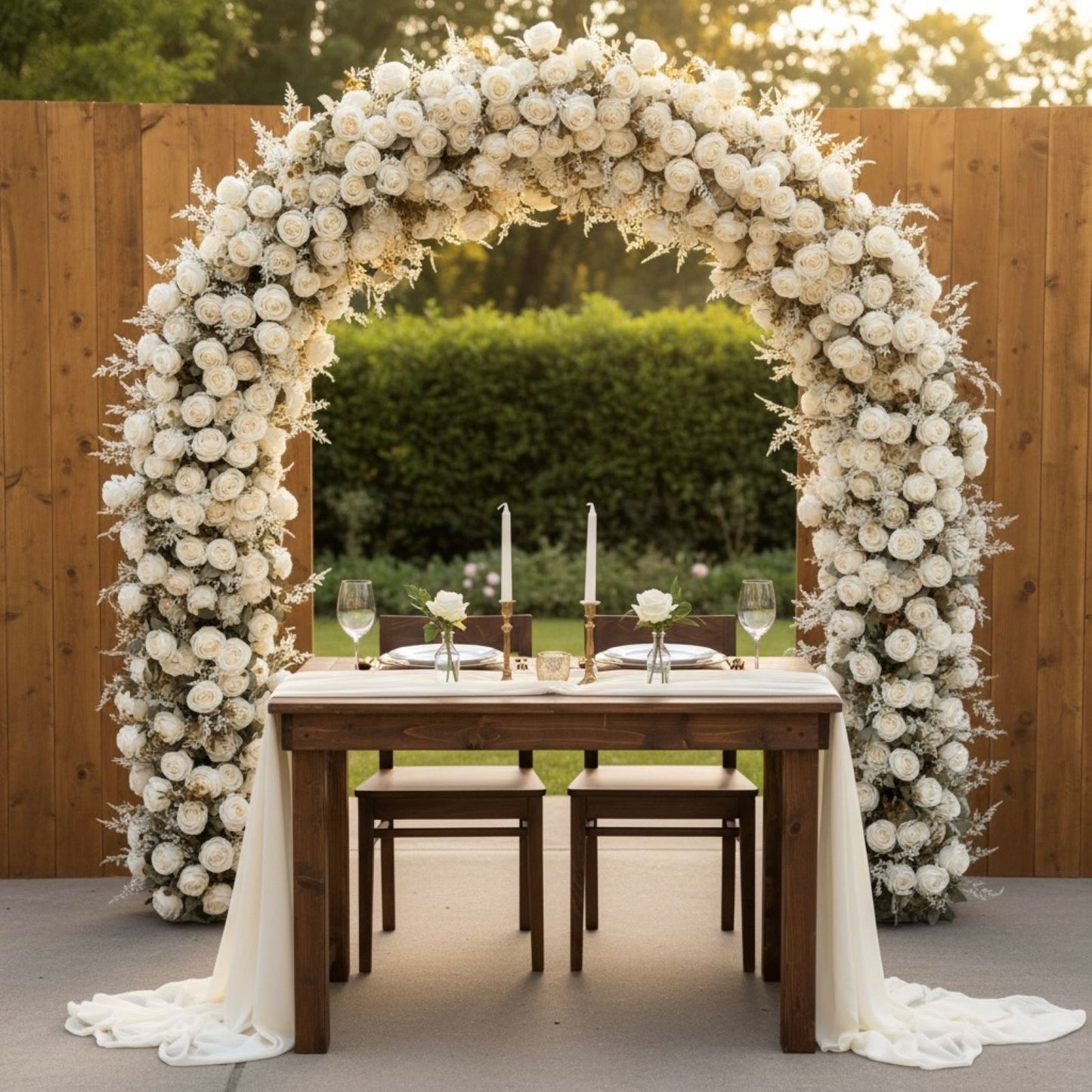 Decorative floral arch with a table set for a meal outdoors.