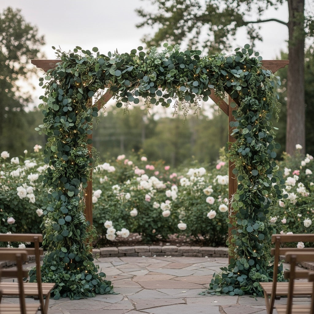 Decorative archway with greenery and flowers in a garden setting