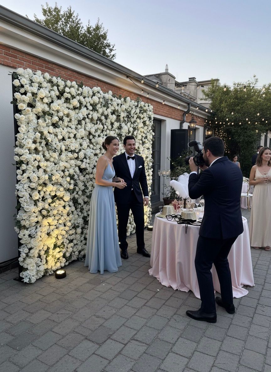 Wedding scene with a couple standing in front of a floral wall, surrounded by guests and tables.