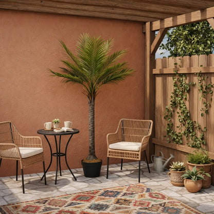 Outdoor patio with wicker chairs, small table, and potted plants against a terracotta wall.